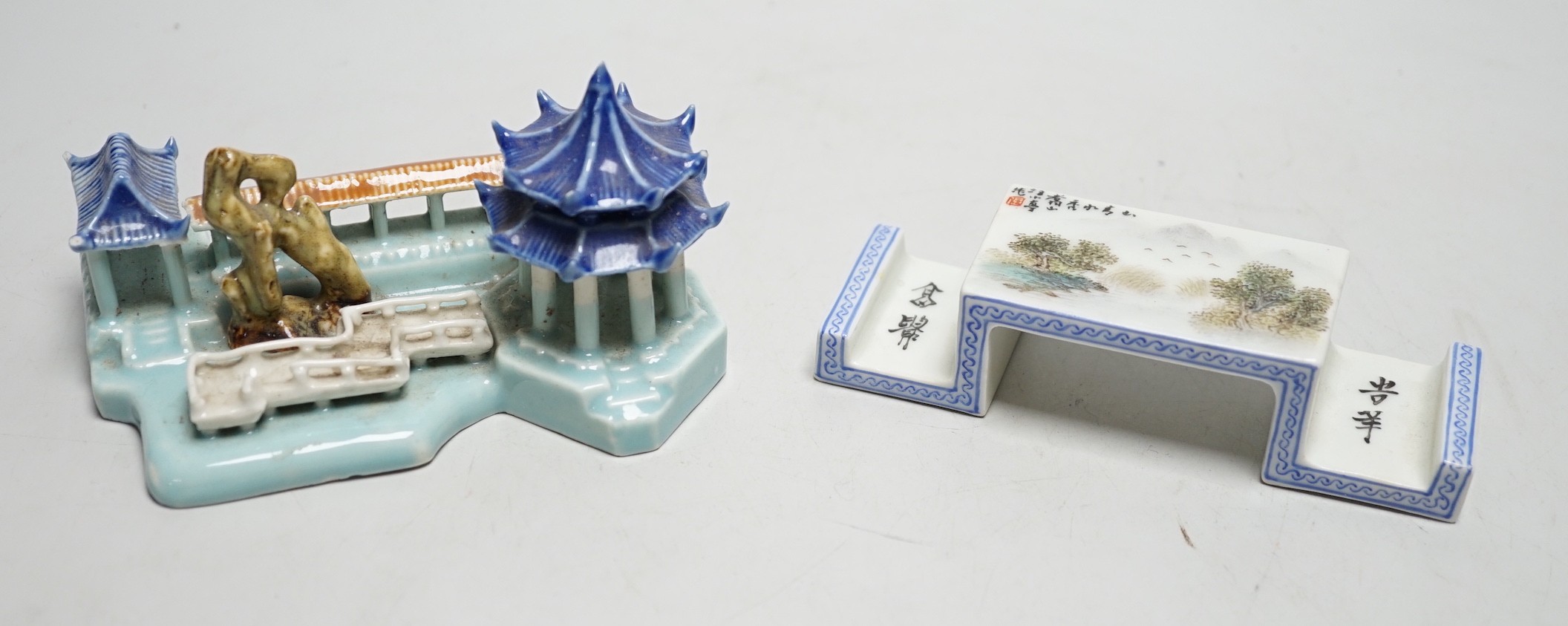 A Chinese model of pavilions and an enamelled porcelain ink stand, 12.5cm